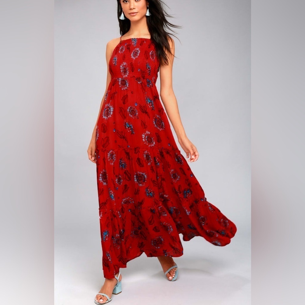 Free people Garden party Red Floral Halter maxi Dress M